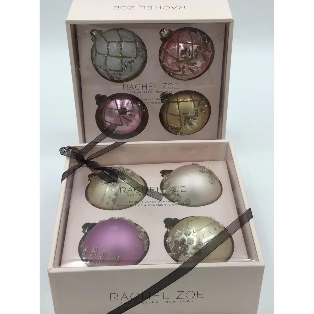 Rachel Zoe 8pc Glass Christmas Ornaments Set Pink Gold Pearl Glitter Embellished